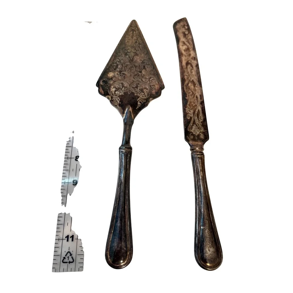 Princess House Silverplated Cake Server Knife Set Italy Floral Engraved Vintage
